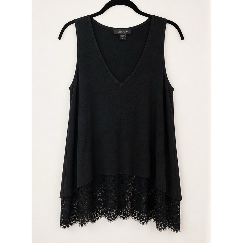 Karen Kane Black Tank Top Women's Medium Lace Hem Sleeveless‎ Blouse - Picture 2 of 4